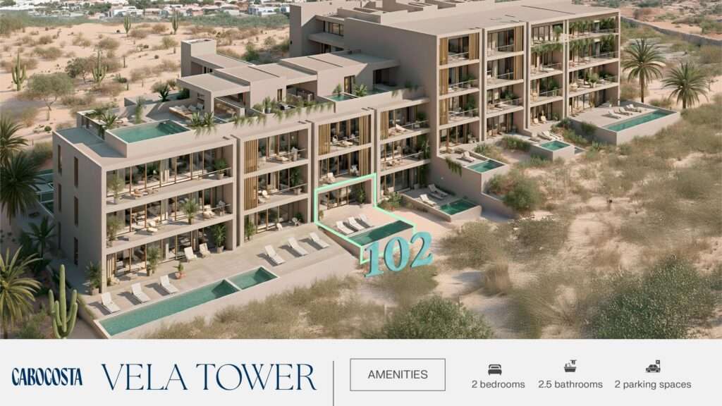 Los Cabos Punto Nima Experience modern design at Punto Nima 302, a brand-new residence in the heart of San José del Cabo Bay. This stylish 2-bedroom, 2-bath condo features sleek architecture and a private terrace with city and partial ocean – Cabo Costa Vela Tower, Cabo Corridor, Cabo Corridor, BS