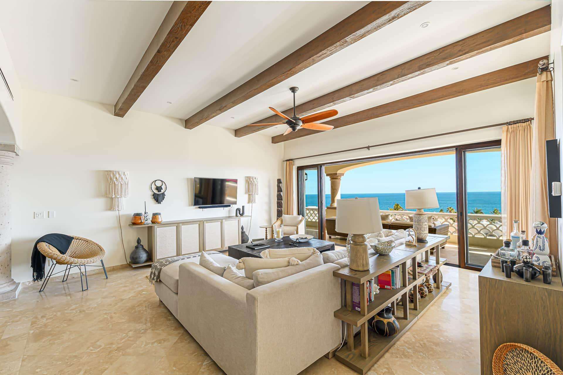 Los Cabos El Encanto El Encanto de La Laguna Del Sol 202 is located in a luxury boutique beachfront community that provides a peaceful environment yet is just a 10 minute drive to Downtown San Jose del Cabo. Del Sol 202 is a beautifully furnished condo, has 2,428 sq ft of interior living space and 627 sq ft of covered terrace and includes a one car garage. It offers a spacious floor plan with high ceilings, wood beams, high-end appliances, and granite counters. It has 3 bedrooms, 2.5 bathrooms. Just a 3-minute walk to a secluded sandy beach. Resort-style amenities available only to the 24 condos in Phase II, include an infinity-edge pool, jacuzzi, and a swim-up palapa bar with BBQ area. Optional membership is available to a private oceanfront beach club featuring an on-site restaurant, gym and pool. for sale