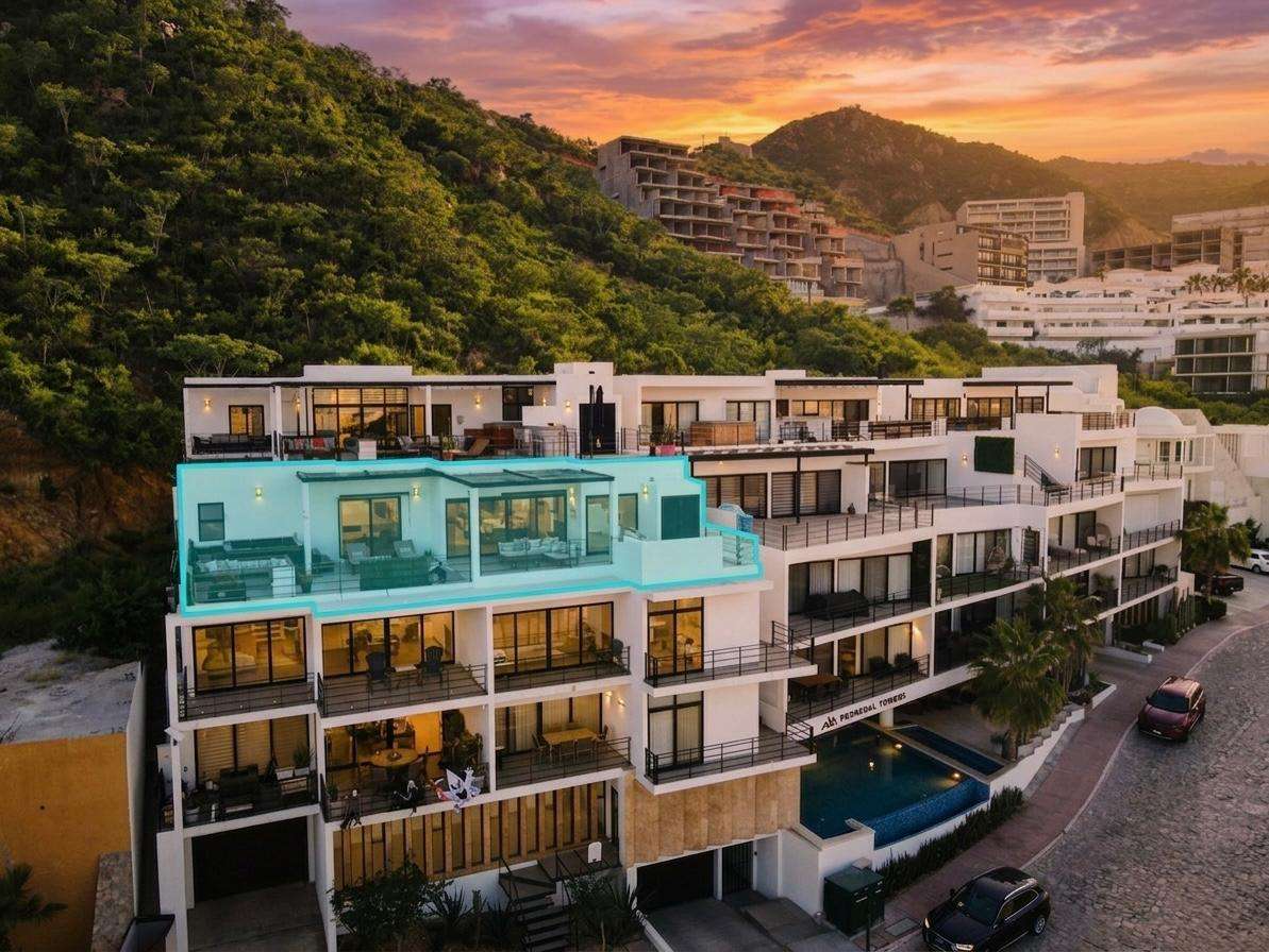 Los Cabos Marea Los Cabos Located in the exclusive Marea development, this 1,480 sq. ft. condo offers the premier downtown Cabo San Lucas lifestyle just 500 meters from Medano Beach. The contemporary, open-concept design features three spacious bedrooms--each with its own private balcony--and floor-to-ceiling windows that flood the sleek, white-cabinetry kitchen and living areas with natural light. This turnkey property is a lucrative opportunity for investors, coming fully furnished, equipped, and ready for immediate rental income with no renovations required. Residents enjoy premium community amenities, including 24/7 security, a lobby, a gym, and a sparkling pool. The standout rooftop terrace, with a jacuzzi , provides the perfect vantage point to take in the city for sale