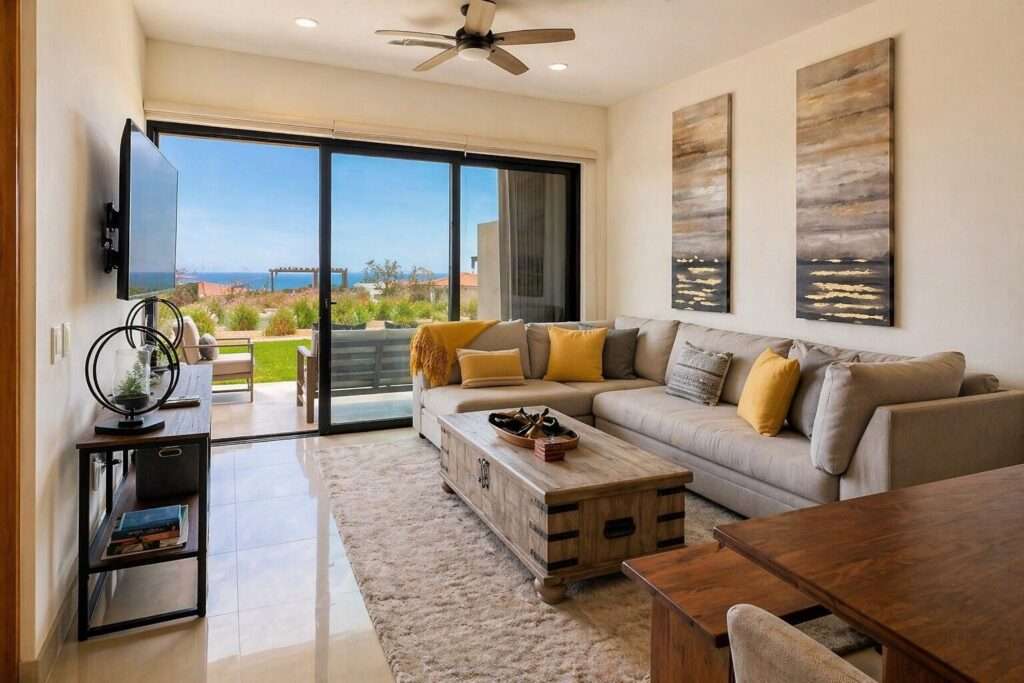 Los Cabos Cora Turnkey and beautifully furnished, CORA Sunrise D202 offers effortless luxury living in the highly sought-after Club Campestre community of San José del Cabo. This 3-bedroom, 3.5-bath residence showcases a bright open-concept design with a modern kitchen, oversized island, and spacious living and dining areas that flow seamlessly onto a large private terrace through floor-to-ceiling sliding glass doors--perfect for indoor-outdoor entertaining.Each bedroom is thoughtfully designed for comfort and privacy, complemented by contemporary finishes and stylish bathrooms throughout. Expansive outdoor living spaces invite you to relax and enjoy the serene surroundings.Residents of CORA Sunrise enjoy resort-style amenities, including a pool, fitness center, jacuzzi, kids' area, and 24/7 gated s rity. Ideally located just minutes from world-class golf, pristine beaches, dining, and the vibrant Art District, this property is perfect as a full-time residence, vacation getaway, or investment opportunity. – Tari Tramonti, Cabo Corridor, BS