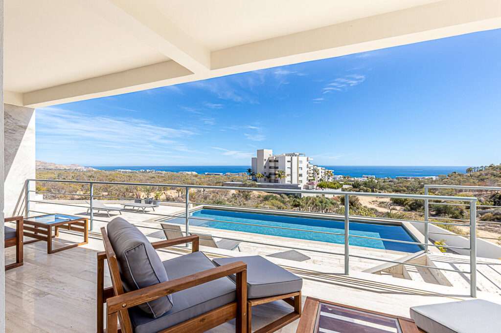 Los Cabos La Jolla Much desired beach front complex with two salt water pools. One pool heated. Lovely gardens, well maintained. Condo is on the second floor with a wrap around terrace overlooking the white sand beach of Costa Azul. It is Very High demand – Vistamar Lowest priced El Tule, San Jose Corridor, San Jose Corridor, BS