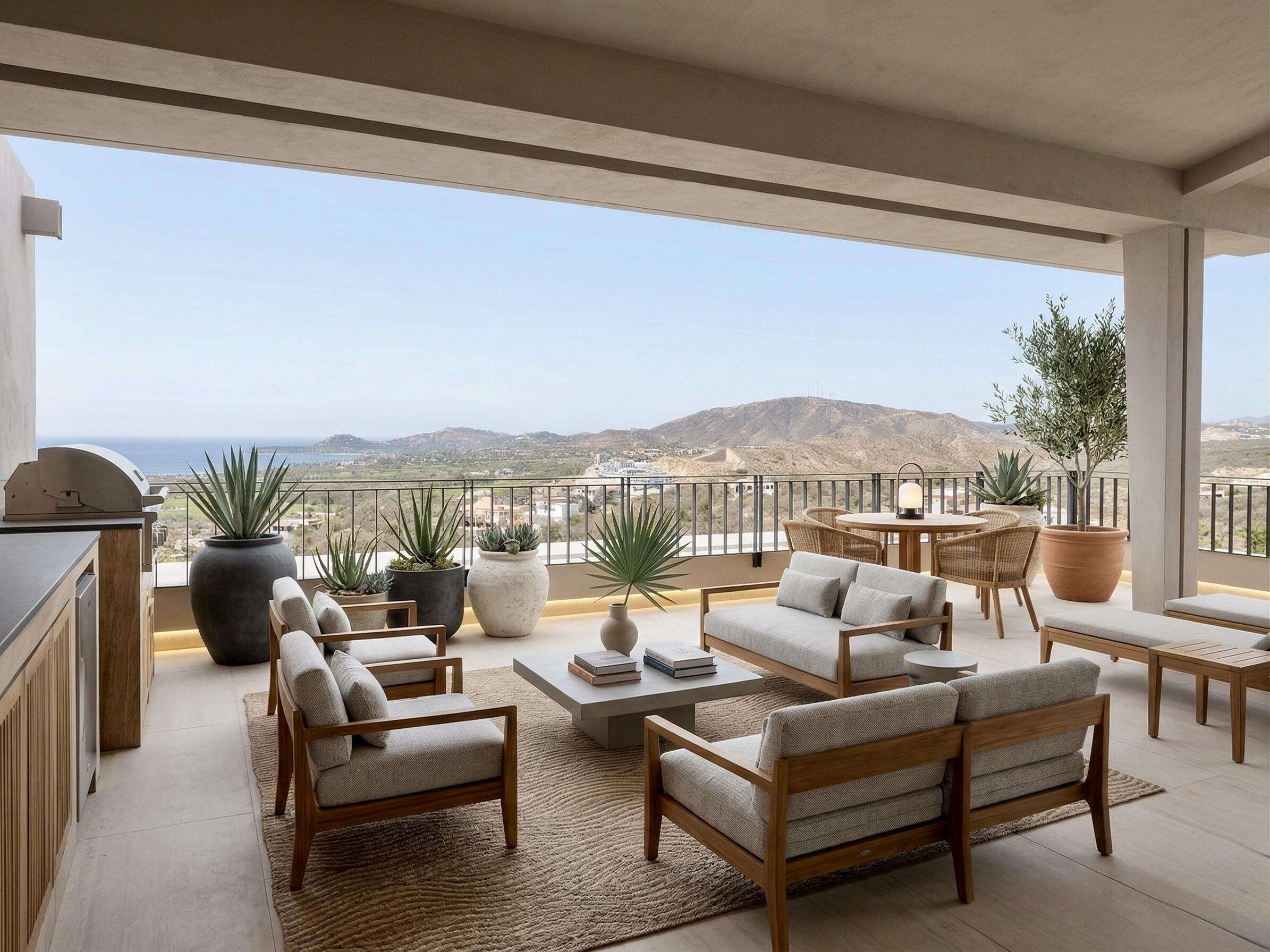 Los Cabos Lumaria Enjoy resort living within a private and gated community, Amenities include a resort style pool, large jacuzzi, state of the art gym, spa treatment rooms and a full-service cafe. This penthouse unit has a pergola for shade over your outdoor dining area, full counter area with a sink, propane hook up for outdoor grill, hook up for hot tub and perimeter lighting for nighttime use. Close to grocery store as well as Home Depot. Driving access to Costco without going on the highway. – 606 Bahia de las Palmas, San Jose del Cabo, BS